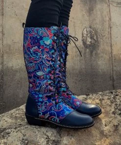 YL New In Shoes En Bloom | Navy Floral Embroidered Lace-Up Long Knee Boots