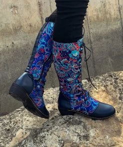 YL New In Shoes En Bloom | Navy Floral Embroidered Lace-Up Long Knee Boots