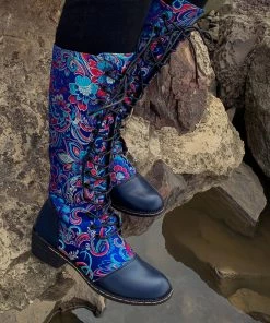 YL New In Shoes En Bloom | Navy Floral Embroidered Lace-Up Long Knee Boots