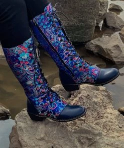 YL New In Shoes En Bloom | Navy Floral Embroidered Lace-Up Long Knee Boots