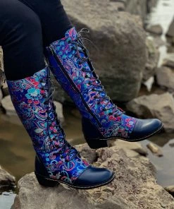 YL New In Shoes En Bloom | Navy Floral Embroidered Lace-Up Long Knee Boots
