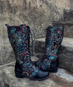 YL En Bloom | Black Floral Embroidered Laced Up Knee Heel Boots New In Shoes