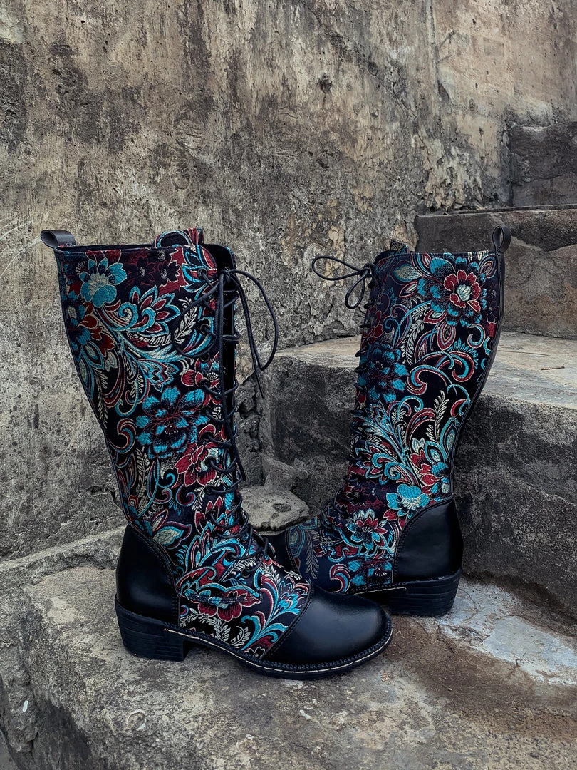 YL En Bloom | Black Floral Embroidered Laced Up Knee Heel Boots New In Shoes 2 YL En Bloom | Black Floral Embroidered Laced Up Knee Heel Boots New In Shoes