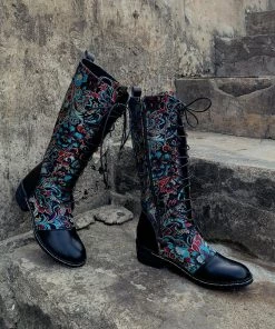 YL En Bloom | Black Floral Embroidered Laced Up Knee Heel Boots New In Shoes 19 YL En Bloom | Black Floral Embroidered Laced Up Knee Heel Boots New In Shoes