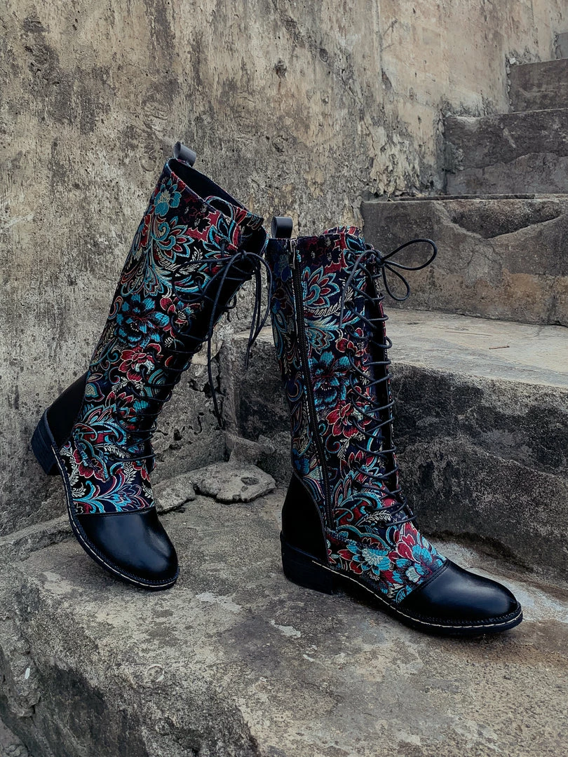 YL En Bloom | Black Floral Embroidered Laced Up Knee Heel Boots New In Shoes 10 YL En Bloom | Black Floral Embroidered Laced Up Knee Heel Boots New In Shoes