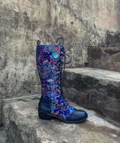 YL New In Shoes En Bloom | Navy Floral Embroidered Lace-Up Long Knee Boots