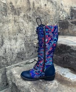 YL New In Shoes En Bloom | Navy Floral Embroidered Lace-Up Long Knee Boots