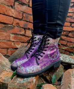 YL New In Shoes En Bloom | Tibet Art Purple Ankle Flat Combat Boots
