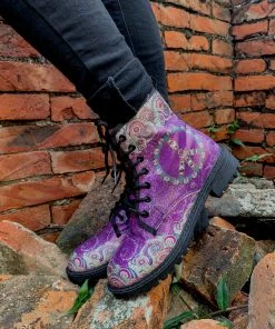 YL New In Shoes En Bloom | Tibet Art Purple Ankle Flat Combat Boots
