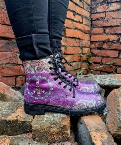 YL New In Shoes En Bloom | Tibet Art Purple Ankle Flat Combat Boots
