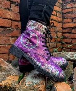YL New In Shoes En Bloom | Tibet Art Purple Ankle Flat Combat Boots