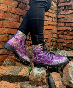 YL New In Shoes En Bloom | Tibet Art Purple Ankle Flat Combat Boots