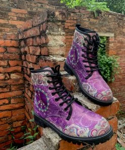 YL New In Shoes En Bloom | Tibet Art Purple Ankle Flat Combat Boots