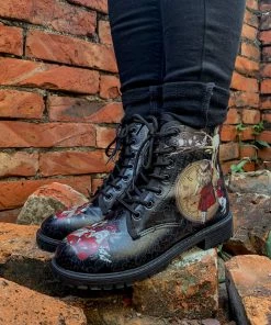 En Bloom | Fairy Tale Princess Lace-Up Ankle Flat Combat Boots - Black