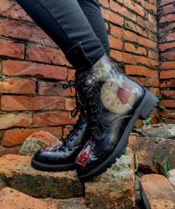 En Bloom | Fairy Tale Princess Lace-Up Ankle Flat Combat Boots - Black