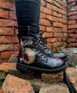 En Bloom | Fairy Tale Princess Lace-Up Ankle Flat Combat Boots - Black