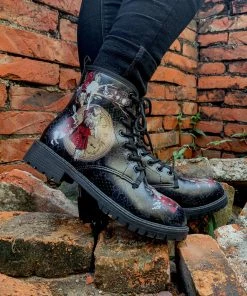 En Bloom | Fairy Tale Princess Lace-Up Ankle Flat Combat Boots - Black