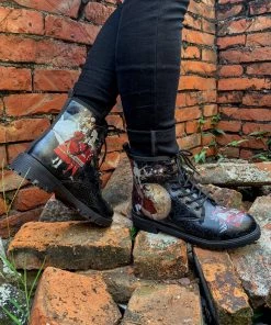 En Bloom | Fairy Tale Princess Lace-Up Ankle Flat Combat Boots - Black