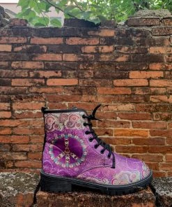 YL New In Shoes En Bloom | Tibet Art Purple Ankle Flat Combat Boots
