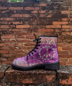 YL New In Shoes En Bloom | Tibet Art Purple Ankle Flat Combat Boots
