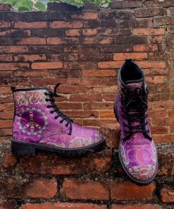 YL New In Shoes En Bloom | Tibet Art Purple Ankle Flat Combat Boots