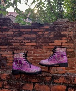YL New In Shoes En Bloom | Tibet Art Purple Ankle Flat Combat Boots
