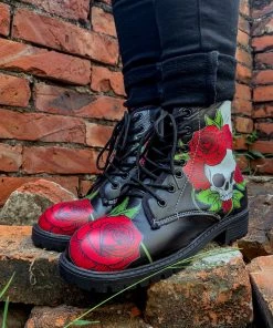 YL En Bloom | Skull-Rose Black Ankle Flat Combat Boots New In Shoes