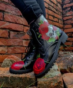 YL En Bloom | Skull-Rose Black Ankle Flat Combat Boots New In Shoes
