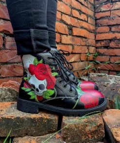 YL En Bloom | Skull-Rose Black Ankle Flat Combat Boots New In Shoes