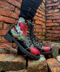 YL En Bloom | Skull-Rose Black Ankle Flat Combat Boots New In Shoes