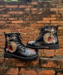 En Bloom | Fairy Tale Princess Lace-Up Ankle Flat Combat Boots - Black