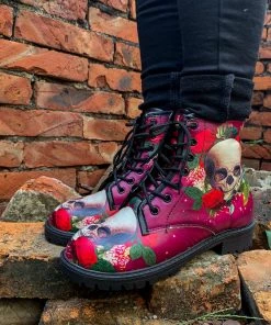 YL New In Shoes En Bloom | Skull-Rose Red Ankle Flat Combat Boots