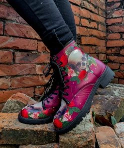 YL New In Shoes En Bloom | Skull-Rose Red Ankle Flat Combat Boots