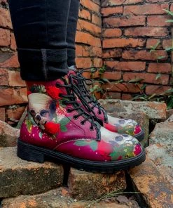 YL New In Shoes En Bloom | Skull-Rose Red Ankle Flat Combat Boots