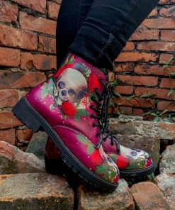 YL New In Shoes En Bloom | Skull-Rose Red Ankle Flat Combat Boots
