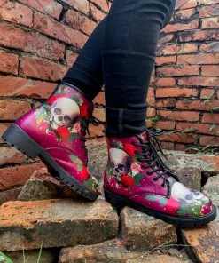 YL New In Shoes En Bloom | Skull-Rose Red Ankle Flat Combat Boots