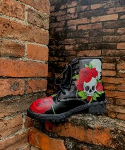 YL En Bloom | Skull-Rose Black Ankle Flat Combat Boots New In Shoes