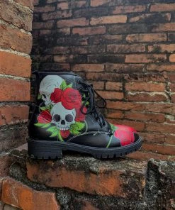 YL En Bloom | Skull-Rose Black Ankle Flat Combat Boots New In Shoes