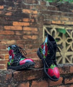 YL En Bloom | Skull-Rose Black Ankle Flat Combat Boots New In Shoes