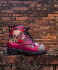 YL New In Shoes En Bloom | Skull-Rose Red Ankle Flat Combat Boots