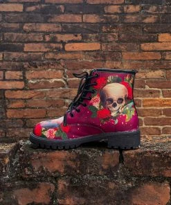 YL New In Shoes En Bloom | Skull-Rose Red Ankle Flat Combat Boots