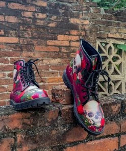 YL New In Shoes En Bloom | Skull-Rose Red Ankle Flat Combat Boots