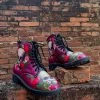 YL New In Shoes En Bloom | Skull-Rose Red Ankle Flat Combat Boots