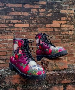 YL New In Shoes En Bloom | Skull-Rose Red Ankle Flat Combat Boots