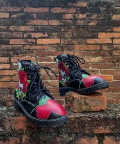 YL En Bloom | Skull-Rose Black Ankle Flat Combat Boots New In Shoes
