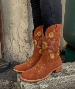 YL New In Shoes En Bloom | Orange Sunflower Embroidered Knee Cowboy Boots