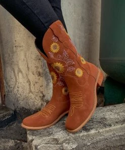 YL New In Shoes En Bloom | Orange Sunflower Embroidered Knee Cowboy Boots