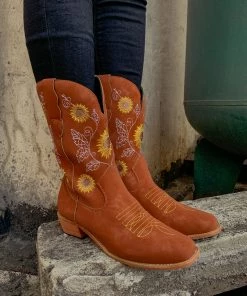 YL New In Shoes En Bloom | Orange Sunflower Embroidered Knee Cowboy Boots