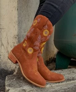YL New In Shoes En Bloom | Orange Sunflower Embroidered Knee Cowboy Boots