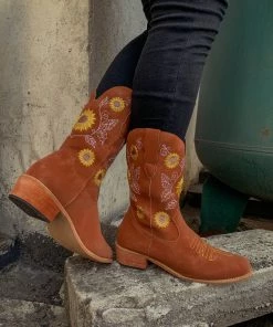 YL New In Shoes En Bloom | Orange Sunflower Embroidered Knee Cowboy Boots